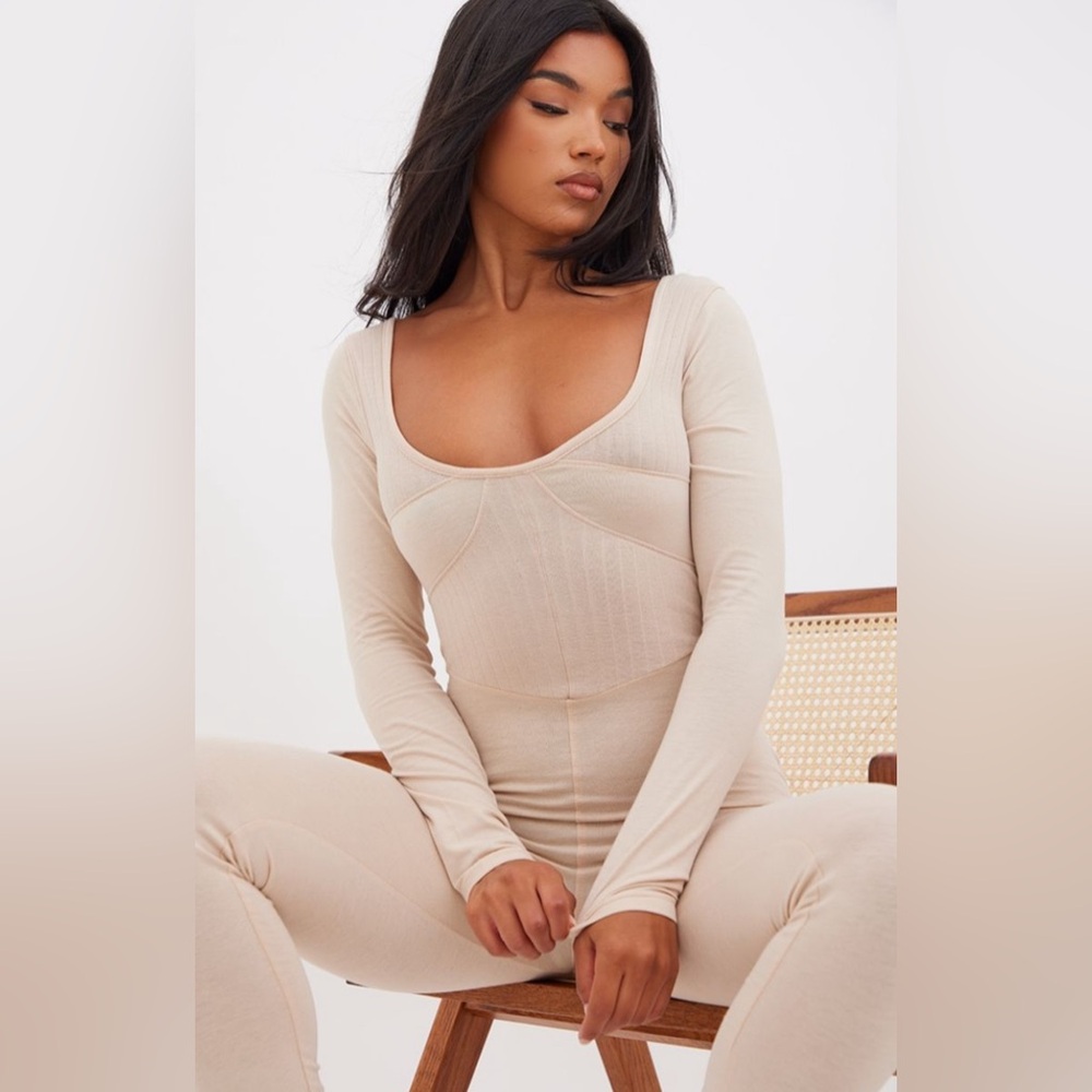 Stone Contrast Rib Panel Long Sleeve Jumpsuit - Picture 3 of 6